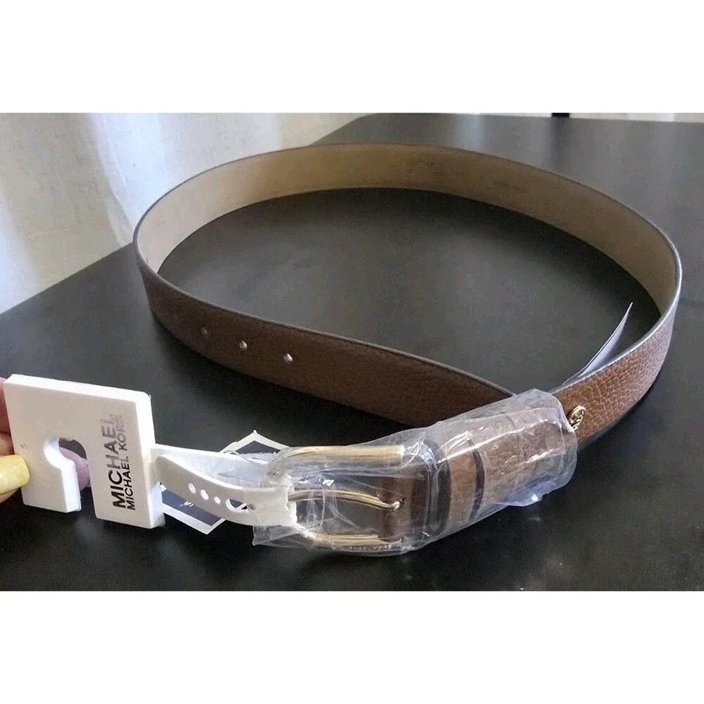 NWT Michael Kors Women’s Pebbled Leather Belt Brown Gold Buckle Size Small...